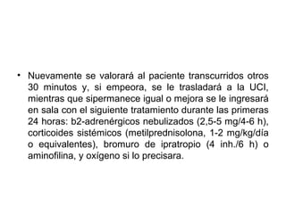 • Nuevamente se valorará al paciente transcurridos otros
  30 minutos y, si empeora, se le trasladará a la UCI,
  mientras que sipermanece igual o mejora se le ingresará
  en sala con el siguiente tratamiento durante las primeras
  24 horas: b2-adrenérgicos nebulizados (2,5-5 mg/4-6 h),
  corticoides sistémicos (metilprednisolona, 1-2 mg/kg/día
  o equivalentes), bromuro de ipratropio (4 inh./6 h) o
  aminofilina, y oxígeno si lo precisara.
 
