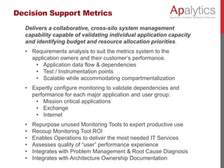 Decision Support Metrics
Delivers a collaborative, cross-silo system management
capability capable of validating individual application capacity
and identifying budget and resource allocation priorities.
• Requirements analysis to suit the metrics system to the
application owners and their customer’s performance.
• Application data flow & dependencies
• Test / Instrumentation points
• Scalable while accommodating compartmentalization
• Expertly configure monitoring to validate dependencies and
performance for each major application and user group:
• Mission critical applications
• Exchange
• Internet
• Repurpose unused Monitoring Tools to expert productive use
• Recoup Monitoring Tool ROI
• Enables Operations to deliver the most needed IT Services
• Assesses quality of “user” performance experience
• Integrates with Problem Management & Root Cause Diagnosis
• Integrates with Architecture Ownership Documentation
 