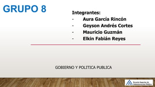 Integrantes:
- Aura García Rincón
- Geyson Andrés Cortes
- Mauricio Guzmán
- Elkin Fabián Reyes
GRUPO 8
GOBIERNO Y POLITICA PUBLICA
 