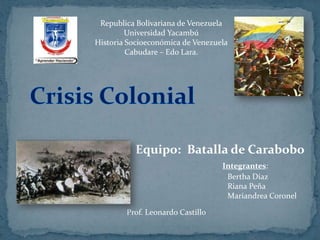 Republica Bolivariana de Venezuela
         Universidad Yacambú
Historia Socioeconómica de Venezuela
         Cabudare – Edo Lara.




           Equipo: Batalla de Carabobo
                                  Integrantes:
                                   Bertha Díaz
                                   Riana Peña
                                   Mariandrea Coronel

        Prof. Leonardo Castillo
 