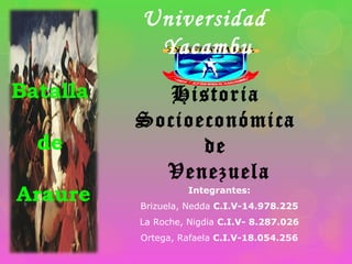 Universidad
           Yacambu
Batalla      Historia
          Socioeconómica
  de            de
            Venezuela
Araure              Integrantes:
          Brizuela, Nedda C.I.V-14.978.225
          La Roche, Nigdia C.I.V- 8.287.026
          Ortega, Rafaela C.I.V-18.054.256
 