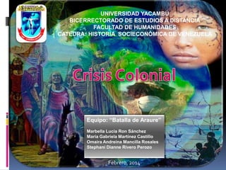 UNIVERSIDAD YACAMBÚ
BICERRECTORADO DE ESTUDIOS A DISTANCIA
FACULTAD DE HUMANIDADES
CATEDRA: HISTORIA SOCIECONÓMICA DE VENEZUELA

Equipo: “Batalla de Araure”
Marbella Lucia Ron Sánchez
María Gabriela Martínez Castillo
Omaira Andreina Mancilla Rosales
Stephani Dianne Rivero Perozo

Febrero, 2014

 