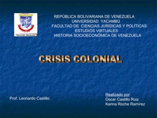 REPÚBLICA BOLIVARIANA DE VENEZUELA
                                   UNIVERSIDAD YACAMBÚ
                          FACULTAD DE CIENCIAS JURÍDICAS Y POLÍTICAS
                                     ESTUDIOS VIRTUALES
                           HISTORIA SOCIOECONÓMICA DE VENEZUELA




                                                 Realizado por:
Prof. Leonardo Castillo                          Oscar Castillo Ruiz
                                                 Karina Roche Ramírez
 
