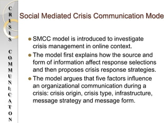Social Mediated Crisis Communication Mode
⚫ SMCC model is introduced to investigate
crisis management in online context.
⚫ The model first explains how the source and
form of information affect response selections
and then proposes crisis response strategies.
⚫ The model argues that five factors influence
an organizational communication during a
crisis: crisis origin, crisis type, infrastructure,
message strategy and message form.
C
R
I
S
I
S
C
O
M
M
U
N
I
C
A
T
O
N
 