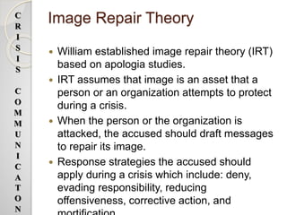Image Repair Theory
 William established image repair theory (IRT)
based on apologia studies.
 IRT assumes that image is an asset that a
person or an organization attempts to protect
during a crisis.
 When the person or the organization is
attacked, the accused should draft messages
to repair its image.
 Response strategies the accused should
apply during a crisis which include: deny,
evading responsibility, reducing
offensiveness, corrective action, and
C
R
I
S
I
S
C
O
M
M
U
N
I
C
A
T
O
N
 