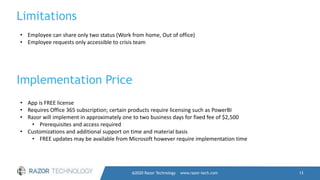 Limitations
@2020 Razor Technology www.razor-tech.com 13
• Employee can share only two status (Work from home, Out of office)
• Employee requests only accessible to crisis team
Implementation Price
• App is FREE license
• Requires Office 365 subscription; certain products require licensing such as PowerBI
• Razor will implement in approximately one to two business days for fixed fee of $2,500
• Prerequisites and access required
• Customizations and additional support on time and material basis
• FREE updates may be available from Microsoft however require implementation time
 