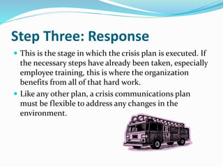 Step Three: Response
 This is the stage in which the crisis plan is executed. If
the necessary steps have already been taken, especially
employee training, this is where the organization
benefits from all of that hard work.
 Like any other plan, a crisis communications plan
must be flexible to address any changes in the
environment.
 