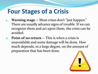1. Warning stage -- Most crises don’t “just happen.”
There are usually advance signs of trouble. If we can
recognize them and act upon them, the crisis can be
avoided.
2. Point of no return -- This is when a crisis is
unavoidable and some damage will be done. How
much depends, to a large degree, on the amount of
preparation that has been done.
Four Stages of a Crisis
 