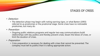 STAGES OF CRISIS
• Detection
• The detection phase may begin with noting warning signs, or what Barton (1993)
referred to as prodromes or the prodromal stage. Some crises have no noticeable
prodromes, but many do.
• Prevention
• Ongoing public relations programs and regular two-way communications build
relationships with key publics and thereby prevent crises, lessen the blows of crises, or
limit the duration of crises.
• Preparation
• Crisis preparation is necessary for dealing with crises that cannot be prevented. The
company must tell its publics that it is taking appropriate action.
 