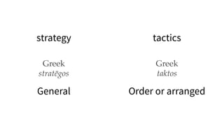 strategy tactics
stratēgos
Greek
General
taktos
Greek
Order or arranged
 