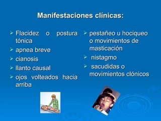 Manifestaciones clínicas:

   Flacidez o postura        pestañeo u hociqueo
    tónica                     o movimientos de
   apnea breve                masticación
   cianosis                   nistagmo
   llanto causal              sacudidas o
                               movimientos clónicos
   ojos volteados hacia
    arriba
 