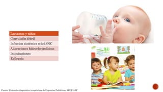 Lactantes y niños
Convulsión febril
Infeccion sistémica o del SNC
Alteraciones hidroelectrolíticas
Intoxicaciones
Epilepsia
Fuente: Protocolos diagnóstico-terapéuticos de Urgencias Pediátricas SEUP-AEP
 