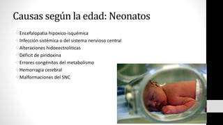 Causas según la edad: Neonatos
Encefalopatia hipoxico-isquémica
Infección sistémica o del sistema nervioso central
Alteraciones hidoeectroliticas
Déficit de piridoxina
Errores congénitos del metabolismo
Hemorragia cerebral
Malformaciones del SNC
 