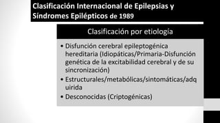 Clasificación por etiología
• Disfunción cerebral epileptogénica
hereditaria (Idiopáticas/Primaria-Disfunción
genética de la excitabilidad cerebral y de su
sincronización)
• Estructurales/metabólicas/sintomáticas/adq
uirida
• Desconocidas (Criptogénicas)
Clasificación Internacional de Epilepsias y
Síndromes Epilépticos de 1989
 