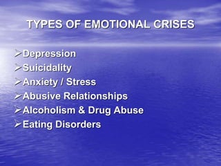 TYPES OF EMOTIONAL CRISES
Depression
Suicidality
Anxiety / Stress
Abusive Relationships
Alcoholism & Drug Abuse
Eating Disorders
 