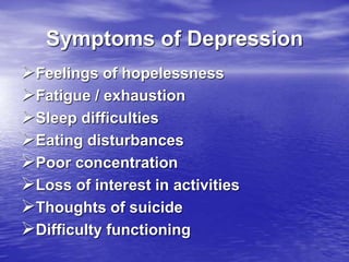 Symptoms of Depression
Feelings of hopelessness
Fatigue / exhaustion
Sleep difficulties
Eating disturbances
Poor concentration
Loss of interest in activities
Thoughts of suicide
Difficulty functioning
 