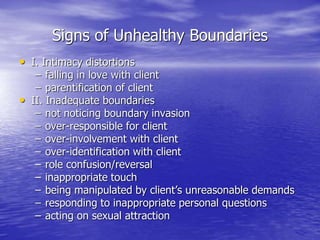 Signs of Unhealthy Boundaries
• I. Intimacy distortions
– falling in love with client
– parentification of client
• II. Inadequate boundaries
– not noticing boundary invasion
– over-responsible for client
– over-involvement with client
– over-identification with client
– role confusion/reversal
– inappropriate touch
– being manipulated by client’s unreasonable demands
– responding to inappropriate personal questions
– acting on sexual attraction
 