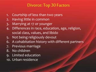 Divorce:Top30 Factors
1. Courtship of less than two years
2. Having little in common
3. Marrying at 17 or younger
4. Differences in race, education, age, religion,
social class, values, and libido
5. Not being religiously devout
6. A cohabitation history with different partners
7. Previous marriage
8. No children
9. Limited education
10. Urban residence
 