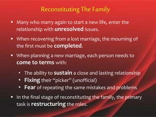  Many who marry again to start a new life, enter the
relationship with unresolved issues.
 When recovering from a lost marriage, the mourning of
the first must be completed.
 When planning a new marriage, each person needs to
come to terms with:
• The ability to sustain a close and lasting relationship
• Fixing their “picker” (unofficial)
• Fear of repeating the same mistakes and problems
 In the final stage of reconstituting the family, the primary
task is restructuring the roles.
Reconstituting The Family
 
