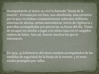  Acompañando al muro, se creó la llamada "franja de la
muerte", formada por un foso, una alambrada, una carretera
por la que circulaban constantemente vehículos militares,
sistemas de alarma, armas automáticas, torres de vigilancia y
patrullas acompañadas por perros las 24 horas del día. Tratar
de escapar era similar a jugar a la ruleta rusa con el cargador
repleto de balas. Aún así, fueron muchos los que lo
intentaron.
 En 1975, 43 kilómetros del muro estaban acompañados de las
medidas de seguridad de la franja de la muerte, y el resto
estaba protegido por vallas.
 
