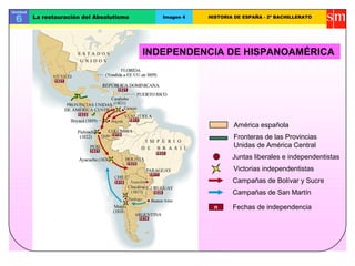 Unidad
6 La restauración del Absolutismo Imagen 4 HISTORIA DE ESPAÑA - 2º BACHILLERATO
Fronteras de las Provincias
Unidas de América Central
América española
Campañas de Bolívar y Sucre
Campañas de San Martín
Juntas liberales e independentistas
Victorias independentistas
Fechas de independencian
INDEPENDENCIA DE HISPANOAMÉRICA
18111811
18111811
18161816
18181818
18191819
18211821
18211821
18211821
18231823
18251825
18221822
18281828
 