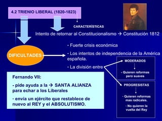 4.2 TRIENIO LIBERAL (1820-1823) CARACTERÍSTICAS Intento de retornar al Constitucionalismo    Constitución 1812 DIFICULTADES Fuerte crisis económica Los intentos de independencia de la América española. La división entre  MODERADOS - Quieren reformas pero suaves PROGRESISTAS Quieren reformas mas radicales. No quieren la vuelta del Rey Fernando VII: - pide ayuda a la    SANTA ALIANZA para echar a los Liberales  envía un ejército que restablece de nuevo al REY y el ABSOLUTISMO. 