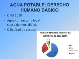 AGUA POTABLE: DERECHO
      HUMANO BÁSICO
• ONU 2010
• Agua con materia fecal:
  causa de mortalidad.
• Dificultad de acceso.
 