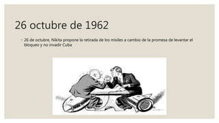 26 octubre de 1962
◦ 26 de octubre, Nikita propone la retirada de los misiles a cambio de la promesa de levantar el
bloqueo y no invadir Cuba
 