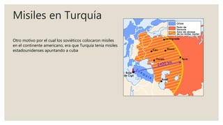 Misiles en Turquía
Otro motivo por el cual los soviéticos colocaron misiles
en el continente americano, era que Turquía tenia misiles
estadounidenses apuntando a cuba
 