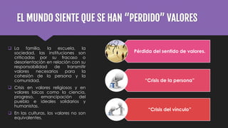 EL MUNDO SIENTE QUE SE HAN “PERDIDO” VALORES
 La familia, la escuela, la
sociedad, las instituciones son
criticadas por su fracaso o
desorientación en relación con su
responsabilidad de transmitir
valores necesarios para la
cohesión de la persona y la
comunidad.
 Crisis en valores religiosos y en
valores laicos como la ciencia,
progreso, emancipación del
pueblo e ideales solidarios y
humanistas.
 En las culturas, los valores no son
equivalentes.
Pérdida del sentido de valores.
“Crisis de la persona”
“Crisis del vínculo”
 
