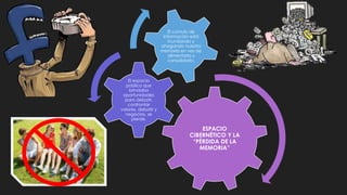ESPACIO
CIBERNÉTICO Y LA
“PÉRDIDA DE LA
MEMORIA”
El espacio
público que
brindaba
oportunidades
para debatir,
confrontar
valores, debatir y
negocias, se
pierde.
El cúmulo de
información está
inundando y
ahogando nuestra
memoria en vez de
alimentarla y
consolidarla.
 