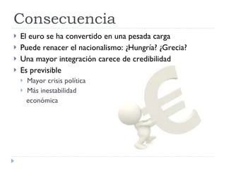 Consecuencia El euro se ha convertido en una pesada carga Puede renacer el nacionalismo: ¿Hungría? ¿Grecia? Una mayor integración carece de credibilidad Es previsible Mayor crisis política Más inestabilidad  económica 