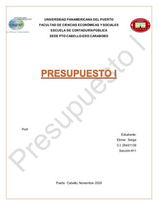 UNIVERSIDAD PANAMERICANA DEL PUERTO
FACULTAD DE CIENCIAS ECONÓMICAS Y SOCIALES
ESCUELA DE CONTADURÍAPÚBLICA
SEDE PTO CABELLO-EDO CARABOBO
Prof:
Estudiante:
Elimar Serga
C.l. 26431139
Sección #11
Puerto Cabello, Noviembre 2020
 