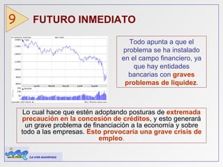 FUTURO INMEDIATO  9 Lo cual hace que estén adoptando posturas de  extremada precaución en la concesión de créditos , y esto generará un grave problema de financiación a la economía y sobre todo a las empresas.  Esto provocaría una grave crisis de empleo . Todo apunta a que el problema se ha instalado en el campo financiero, ya que hay entidades bancarias con  graves problemas de liquidez . La crisis económica 