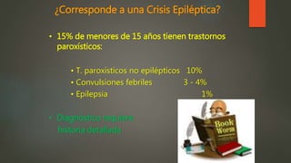 ¿Corresponde a una Crisis Epiléptica?
• 15% de menores de 15 años tienen trastornos
paroxísticos:
• T. paroxísticos no epilépticos 10%
• Convulsiones febriles 3 - 4%
• Epilepsia 1%
• Diagnóstico requiere
historia detallada
 