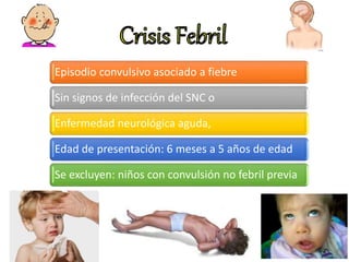 Episodio convulsivo asociado a fiebre
Sin signos de infección del SNC o
Enfermedad neurológica aguda,
Edad de presentación: 6 meses a 5 años de edad
Se excluyen: niños con convulsión no febril previa
 