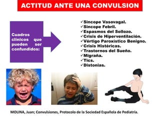 Cuadros
clínicos que
pueden ser
confundidos:
Sincope Vasovagal.
Sincope Febril.
Espasmos del Sollozo.
Crisis de Hiperventilación.
Vértigo Paroxístico Benigno.
Crisis Histéricas.
Trastornos del Sueño.
Migraña.
Tics.
Distonias.
MOLINA, Juan; Convulsiones, Protocolo de la Sociedad Española de Pediatría.
ACTITUD ANTE UNA CONVULSION
 