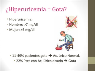 ¿Hiperuricemia = Gota?
• Hiperuricemia:
• Hombre: >7 mg/dl
• Mujer: >6 mg/dl
• 11-49% pacientes gota  Ac. úrico Normal.
• 22% Ptes con Ac. Úrico elvado  Gota
 