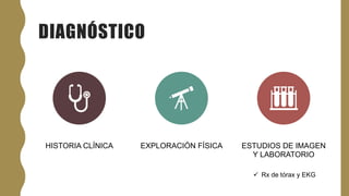 DIAGNÓSTICO
HISTORIA CLÍNICA EXPLORACIÓN FÍSICA ESTUDIOS DE IMAGEN
Y LABORATORIO
 Rx de tórax y EKG
 