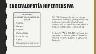 ENCEFALOPATÍA HIPERTENSIVA
Aparecen
progresivamente entre las
24-48 h
• Cefalea
• Nausea
• Vómitos
• Somnolencia
• Convulsiones
• Coma
• Hipertensión intracraneal
TC/ RM: Regiones focales de edema
hemisférico simétrico , principalmente en
los lóbulos parietal y occipital, pero
también en los lóbulos frontales, la unión
temporoccipital inferior y el cerebelo
Reducir la PAD a 100-105 mmHg en las
primeras 2 a 6 horas, con un descenso
máximo inicial no superior al 25% de la
PA inicial
 