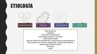 ETIOLOGÍA
CARDIOVASCULARES RENALES NEUROLÓGICAS OTRAS
Sexo femenino
Obesidad
Presencia de hipertensión
Enfermedad cardiaca o coronaria
Enfermedad mental
Falta de adherencia del paciente a medicamentos antihipertensivos
Intoxicaciones por cocaína, anfetaminas, suplementos dietéticos
estimulantes Feocromocitoma
Embarazo
Lupus
 