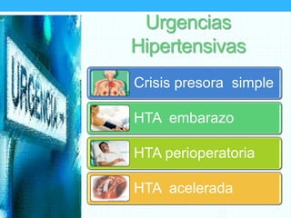 Urgencias
Hipertensivas
Crisis presora simple
HTA embarazo
HTA perioperatoria
HTA acelerada
 