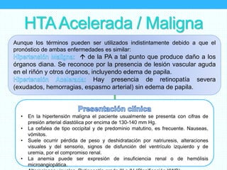 • En la hipertensión maligna el paciente usualmente se presenta con cifras de
presión arterial diastólica por encima de 130-140 mm Hg.
• La cefalea de tipo occipital y de predominio matutino, es frecuente. Nauseas,
vómitos.
• Suele ocurrir pérdida de peso y deshidratación por natriuresis, alteraciones
visuales y del sensorio, signos de disfunción del ventrículo izquierdo y de
uremia, por el compromiso renal.
• La anemia puede ser expresión de insuficiencia renal o de hemólisis
microangiopática.
HTAAcelerada / Maligna
Aunque los términos pueden ser utilizados indistintamente debido a que el
pronóstico de ambas enfermedades es similar:
 de la PA a tal punto que produce daño a los
órganos diana. Se reconoce por la presencia de lesión vascular aguda
en el riñón y otros órganos, incluyendo edema de papila.
Hay presencia de retinopatía severa
(exudados, hemorragias, espasmo arterial) sin edema de papila.
 