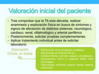Valoración inicial del paciente
- Tras comprobar que la TA esta elevada, realizar
anamnesis y exploración física en busca de síntomas y
signos de afectación de distintos sistemas: neurológico,
cardiaco, renal, oftalmológico y arterial periférico
- Posteriormente, solicitar pruebas complementarias.
- Aplicar tratamiento individual antes de solicitar
laboratorio
• Alteraciones en la circulación periférica.
• Alteraciones en el fondo de ojo.
• Cefalea intensa, vómitos, estupor, obnubilación,
convulsiones, coma o cualquier déficit focal
neurológico.
• Taquicardias, arritmias, angina, disnea, edema,
sudoración.
 
