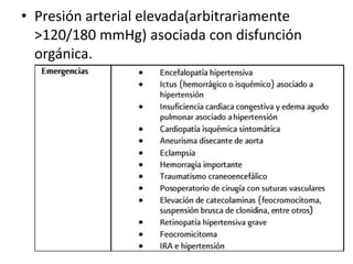 • Presión arterial elevada(arbitrariamente
>120/180 mmHg) asociada con disfunción
orgánica.
 