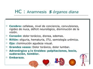 HC :     Anamnesis 5 órganos diana


   Cerebro: cefaleas, nivel de conciencia, convulsiones,
    rigidez de nuca, déficit neurológico, disminución de la
    visión.
   Corazón: dolor torácico, disnea, edemas.
   Riñón: oliguria, hematuria, ITU, semiología urémica.
   Ojo: disminución agudeza visual.
   Grandes vasos: Dolor toráxico, dolor lumbar.
   Adrenérgico y/o tiroideo: palpitaciones, bocio,
    sudoración, temblor.
   Embarazo.
 