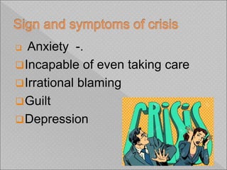  Anxiety -.
Incapable of even taking care
Irrational blaming
Guilt
Depression
 