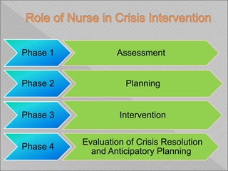 Phase 1 Assessment
Phase 2 Planning
Phase 3 Intervention
Phase 4
Evaluation of Crisis Resolution
and Anticipatory Planning
 