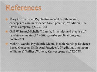 Mary C. Townsend,Psychiatric mental health nursing,
concepts of care in evidence based practise, 5th edition, F.A.
Davis Company, pp. 237-251
 Gail W.Stuart,Michelle T.Lauria, Principles and practise of
psychiatric nursing,8th edition,mosby publications,page
no.267-271
 Mohr.K.Wanda; Psychiatric Mental Health Nursing( Evidence
Based Concepts Skills And Practices), 7th edition, Lippincott ,
Williams & Willies ,Wolters, Kulwer ;page no.752-758.
 