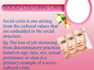 SOCIO-CULTURAL CRISIS
Social crisis is one arising
from the cultural values that
are embedded in the social
structure.
Eg: The loss of job stemming
from discriminatory practices
based on age, race, sex, sexual
preference or class is a
primary example of a socio-
cultural crisis.
 